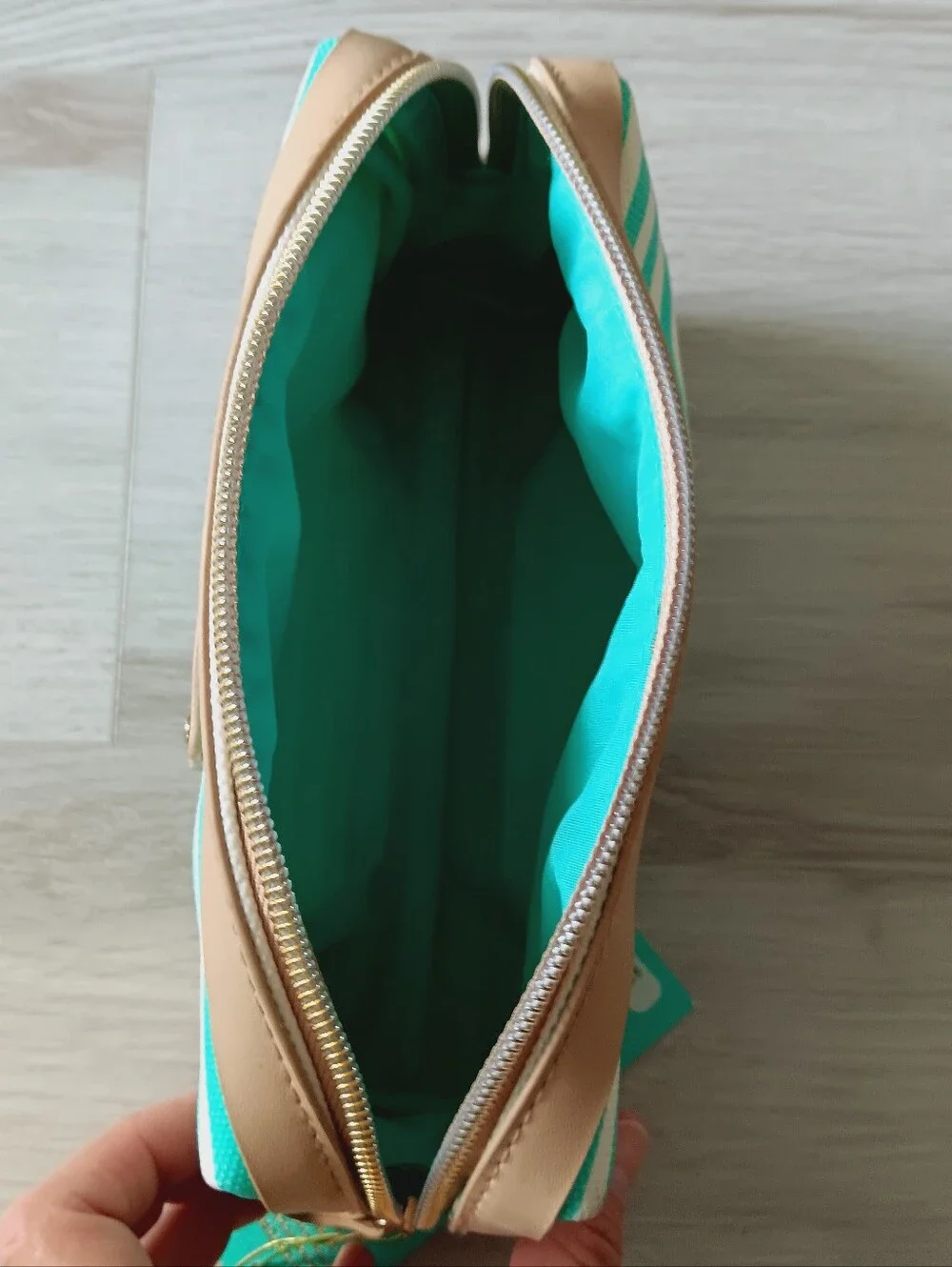Victoria's Secret Pure Daydream Cosmetics Bag Striped Faux Leather Aqua White